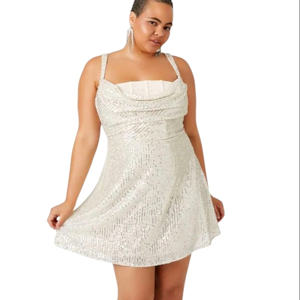 Forever 21 Shimmering Silver Sequin Cowlneck Mini Dress Sz 2X NWT
